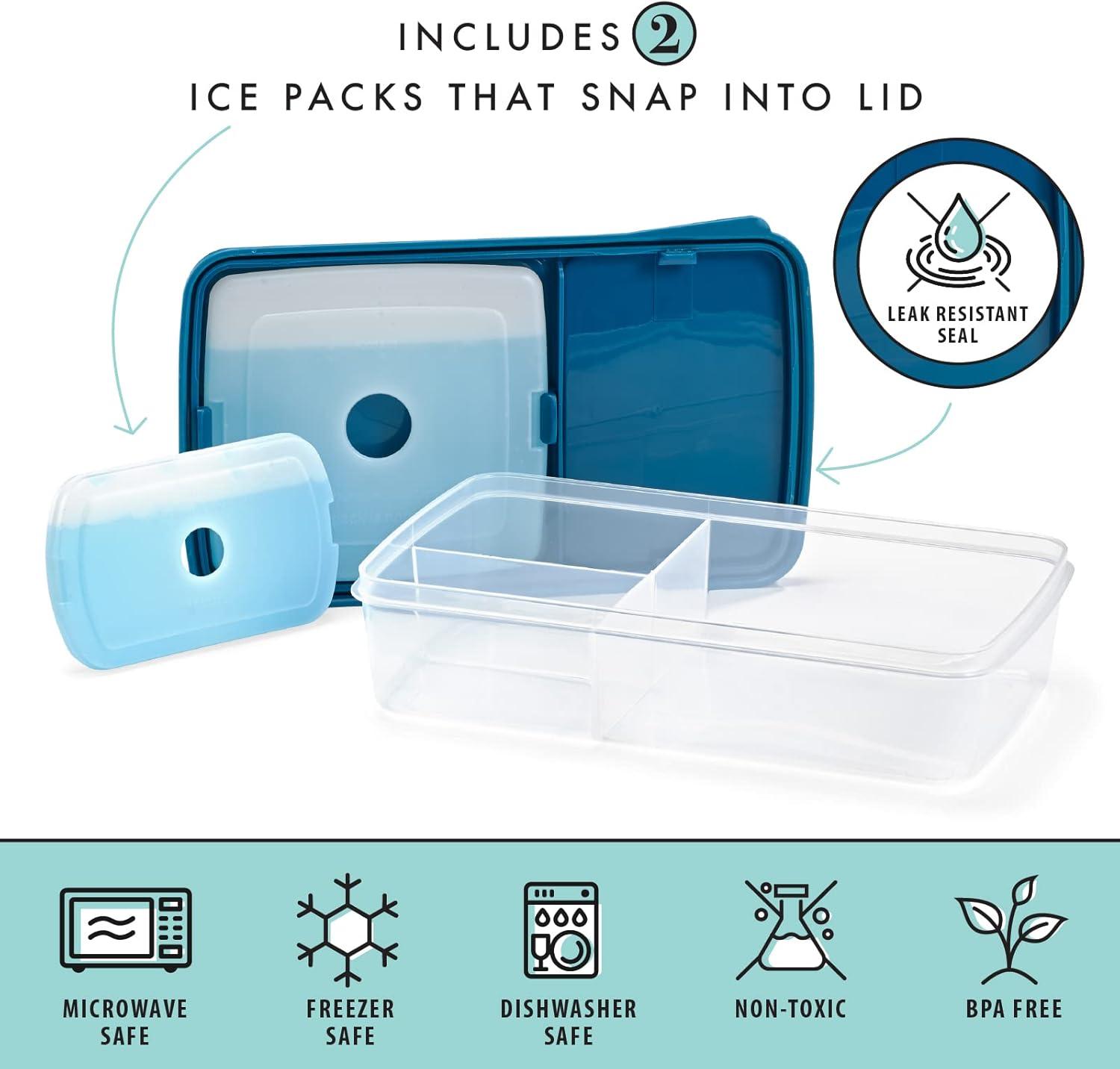 L.O.T.G. Three-Compartment BPA-Free Plastic Lunch Box with 2 Slim Ice Packs