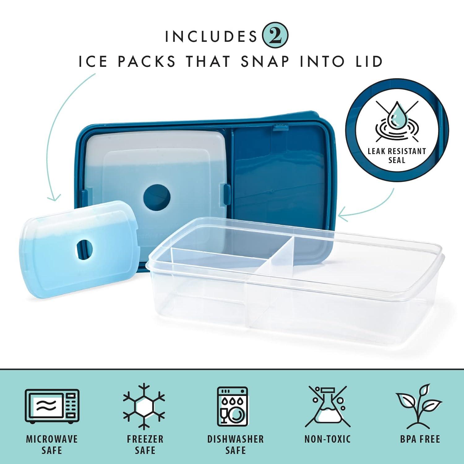 L.O.T.G. Three-Compartment BPA-Free Plastic Lunch Box with 2 Slim Ice Packs