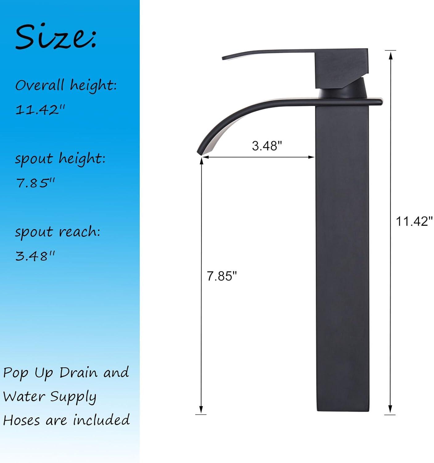 Waterfall Bathroom Faucet Single Handle，Bathroom Sink Faucet 1 Hole，Waterfall Faucet for Bathroom Sink，Vessel Sink Faucet Matte Black Tall Bathroom Faucet