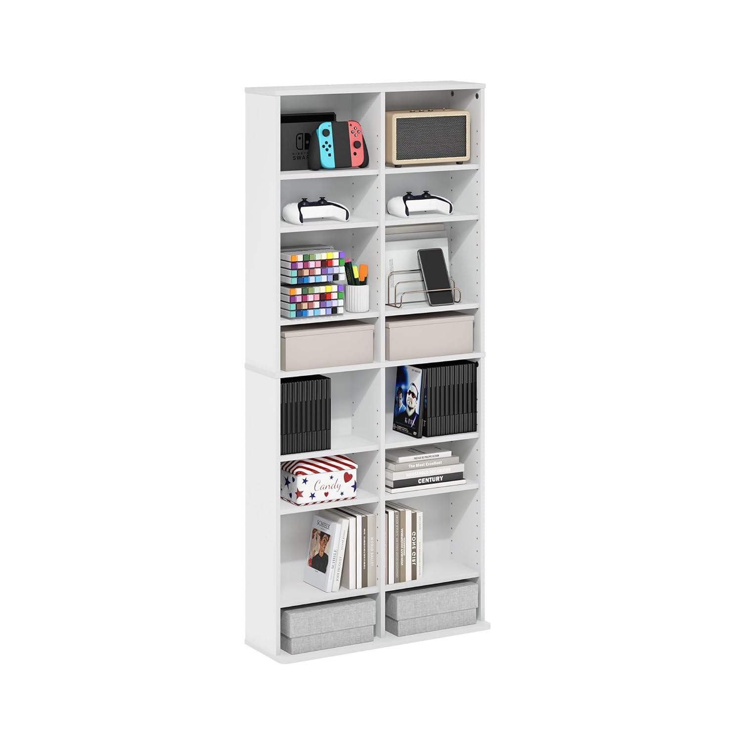 Furinno JAYA 16-Shelf Multimedia Media Storage Tower Rack with Adjustable Shelves, White