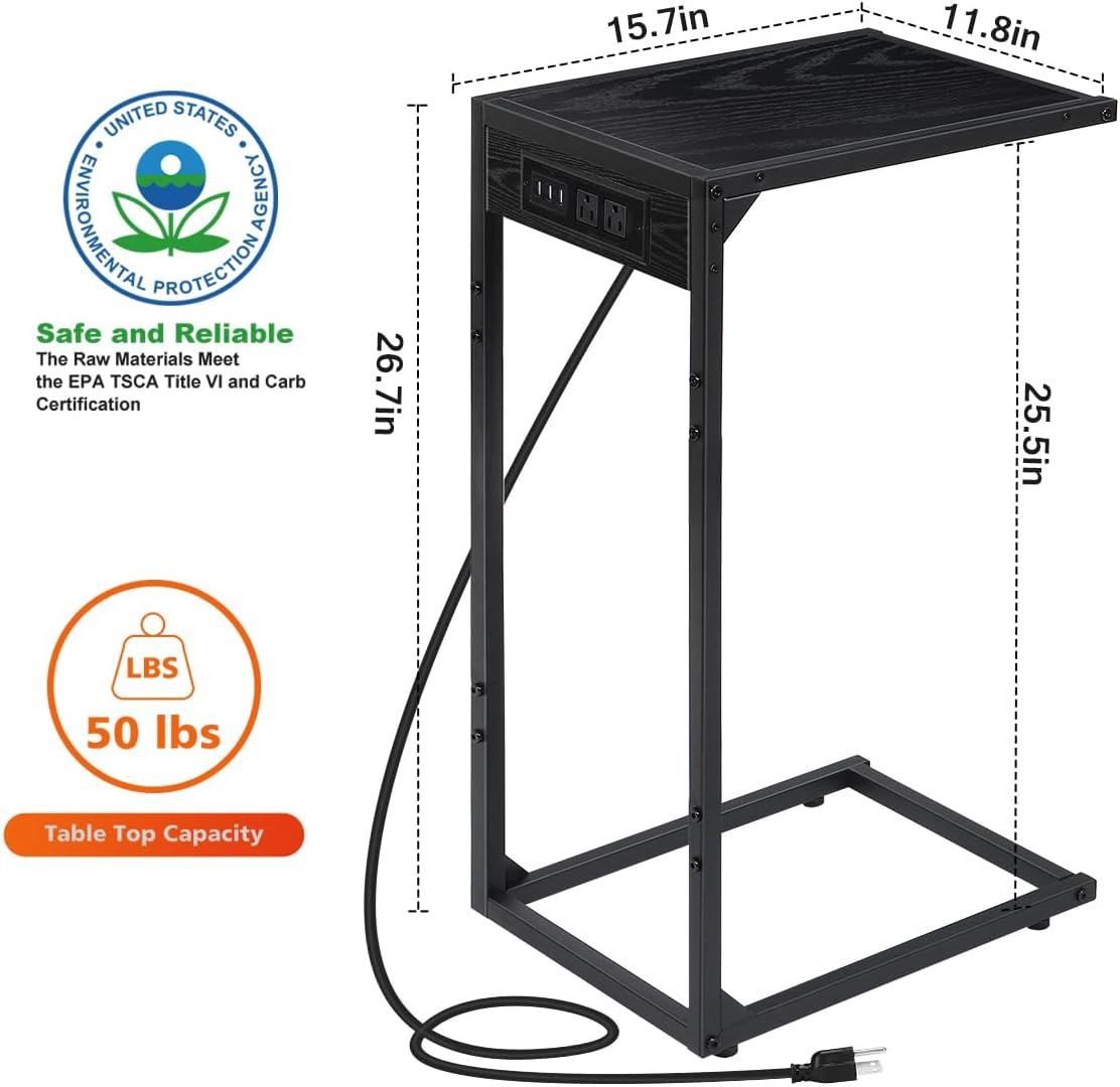 Black Metal C-Shaped End Tables with Charging Station