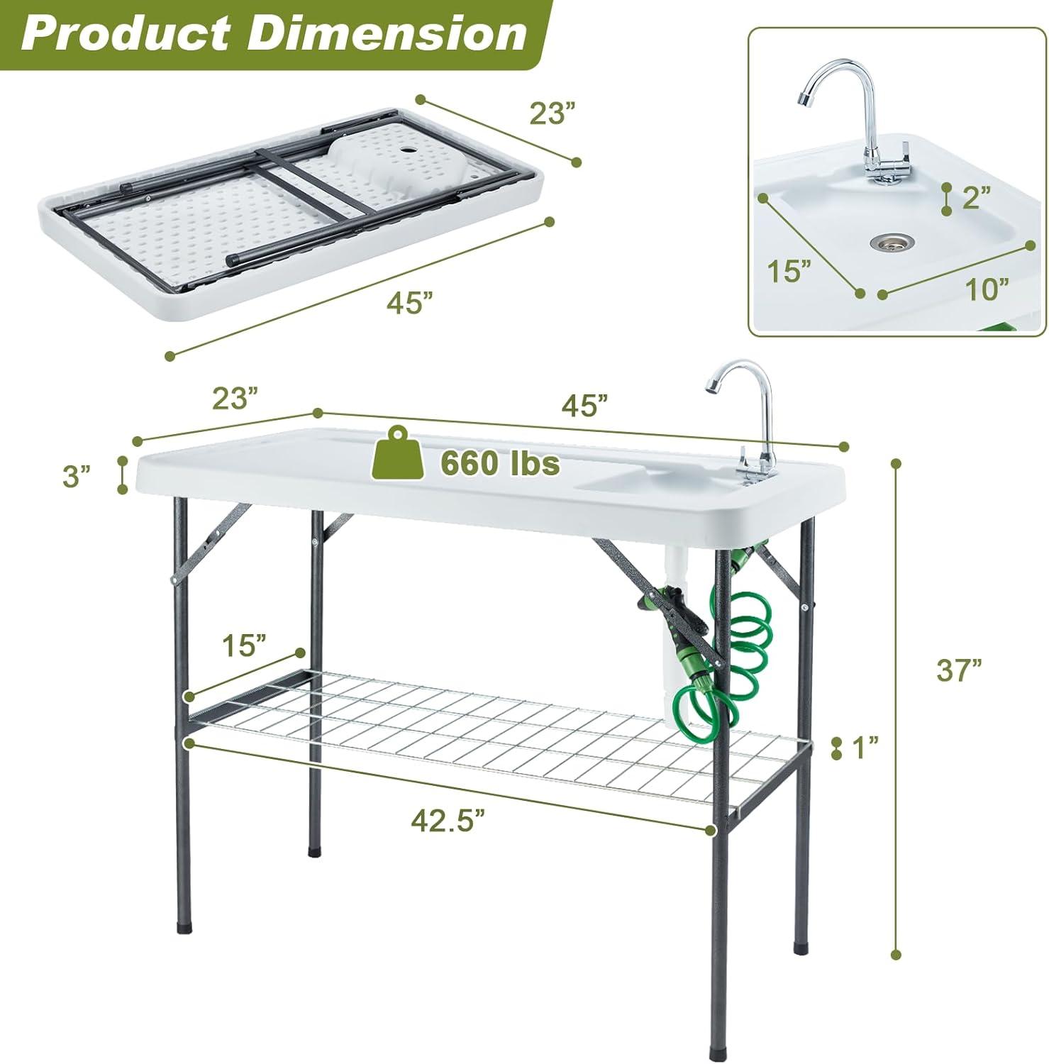 Folding Fish Cleaning Table Portable Camping Sink Table with Faucet Drainage Hose & Sprayer Outdoor Fish Fillet Cleaning Station with Grid Rack & Knife Groove for Picnic Fishing, Grey