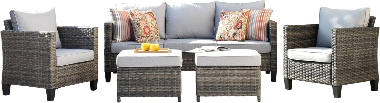 Grey Wicker 5-Piece Outdoor High-Back Seating Set with Cushions