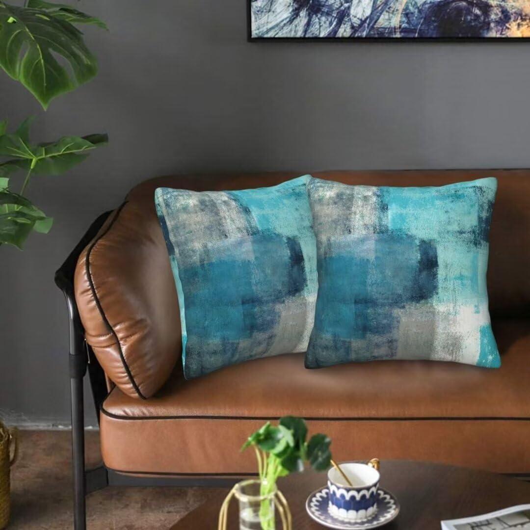 Teal and Brown Throw Pillows Covers Set of 2 Blue Gray Abstract Art Painting Aesthetic Modern Square Decorative Pillow Covers Soft Throw Pillows for Couch Sofa Bedroom, 18X18 Inches