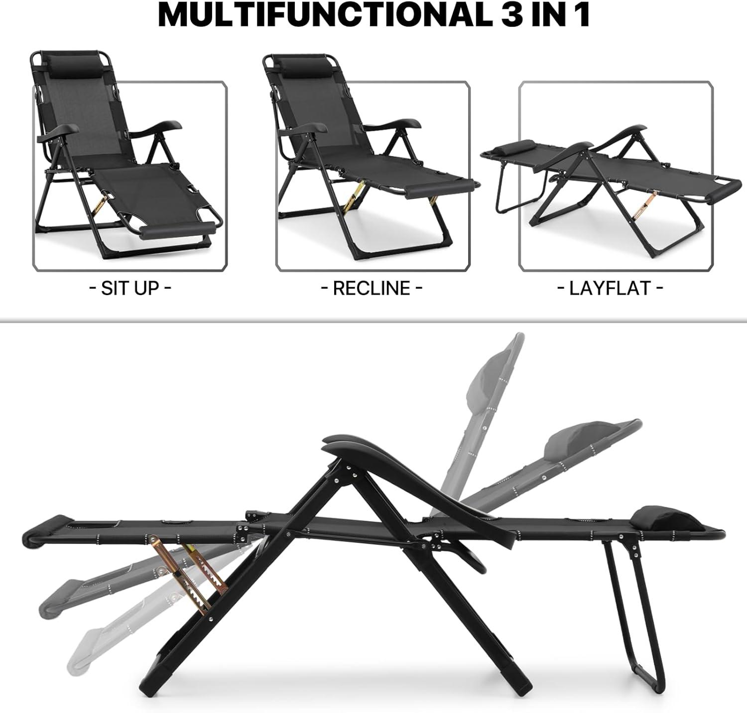 MoNiBloom Patio Lounge Chair with Adjustable Headrest & Foot Pads, Outdoor Folding Reclining Beach Lawn Lounger, Black