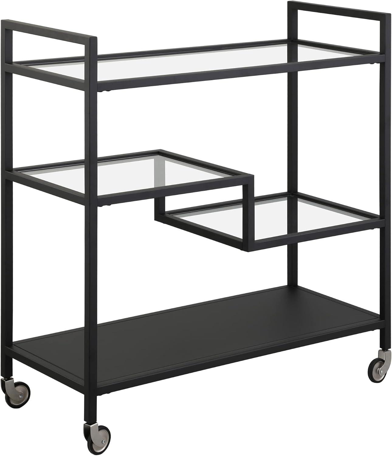 Evelyn&Zoe Lovett 33" Wide Rectangular Bar Cart with Glass and Metal Shelves, Blackened Bronze