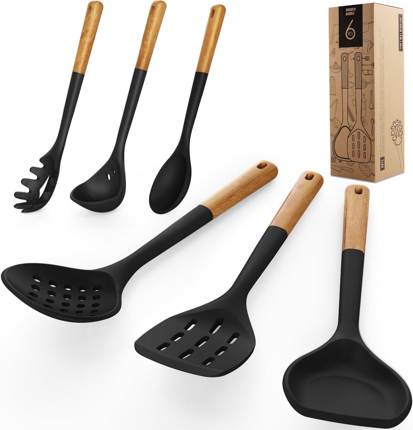 Large Silicone Cooking Utensils - Heat Resistant Kitchen Utensil Set with Wooden Handles, Spatula,Turner, Slotted Spoon, Pasta server, Kitchen Gadgets Tools Sets for Non-Stick Cookware (Black)