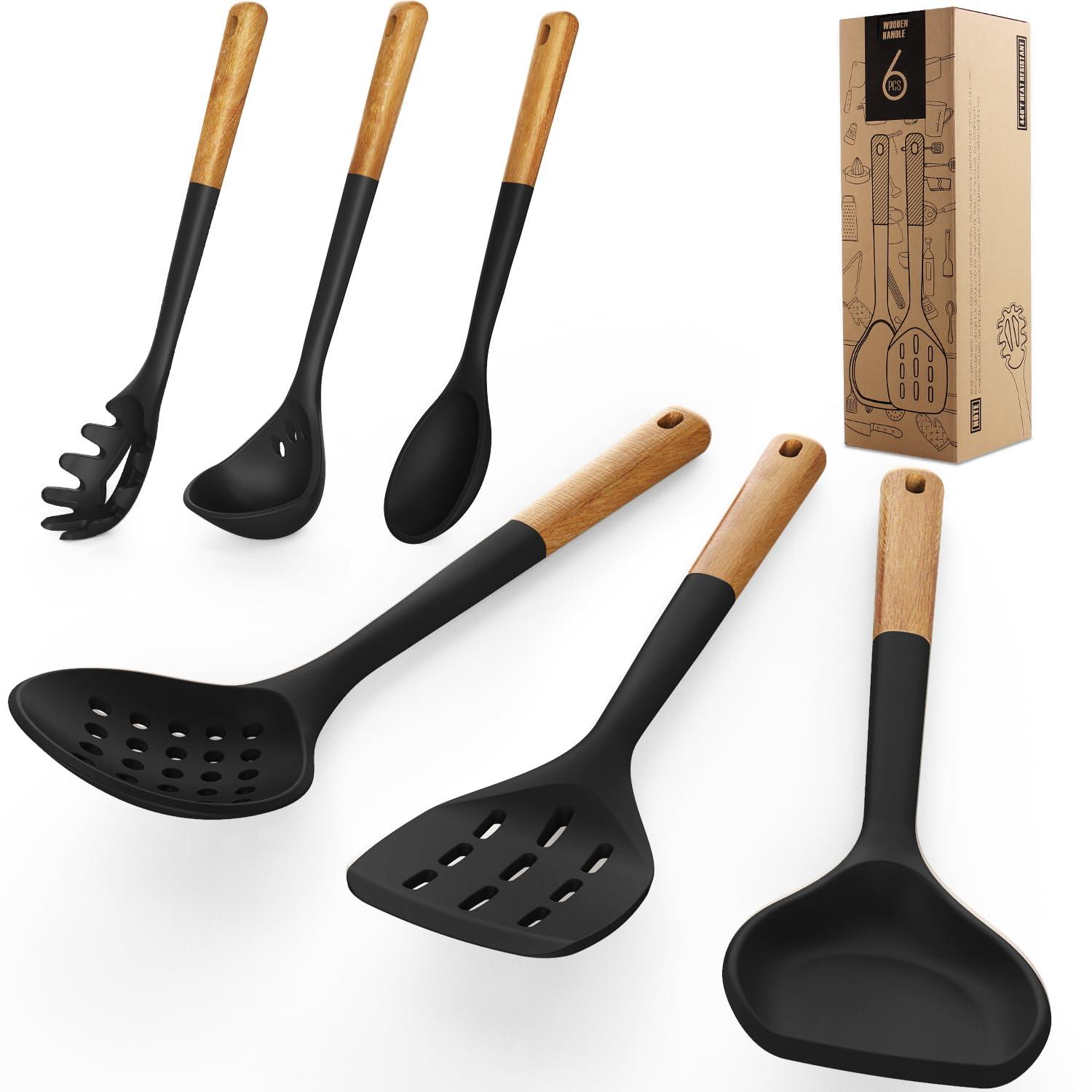 Large Silicone Cooking Utensils - Heat Resistant Kitchen Utensil Set with Wooden Handles, Spatula,Turner, Slotted Spoon, Pasta server, Kitchen Gadgets Tools Sets for Non-Stick Cookware (Black)