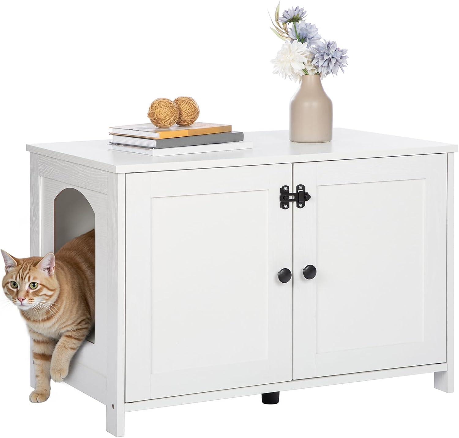 HOOBRO Litter Box Enclosure, Cat Litter Box Furniture with Removable Divider, Large Hidden Litter Box Furniture, Wooden Cat House, End Side Table, 31" L x 17.5" W x 19.7" H, White WT03MW01G2