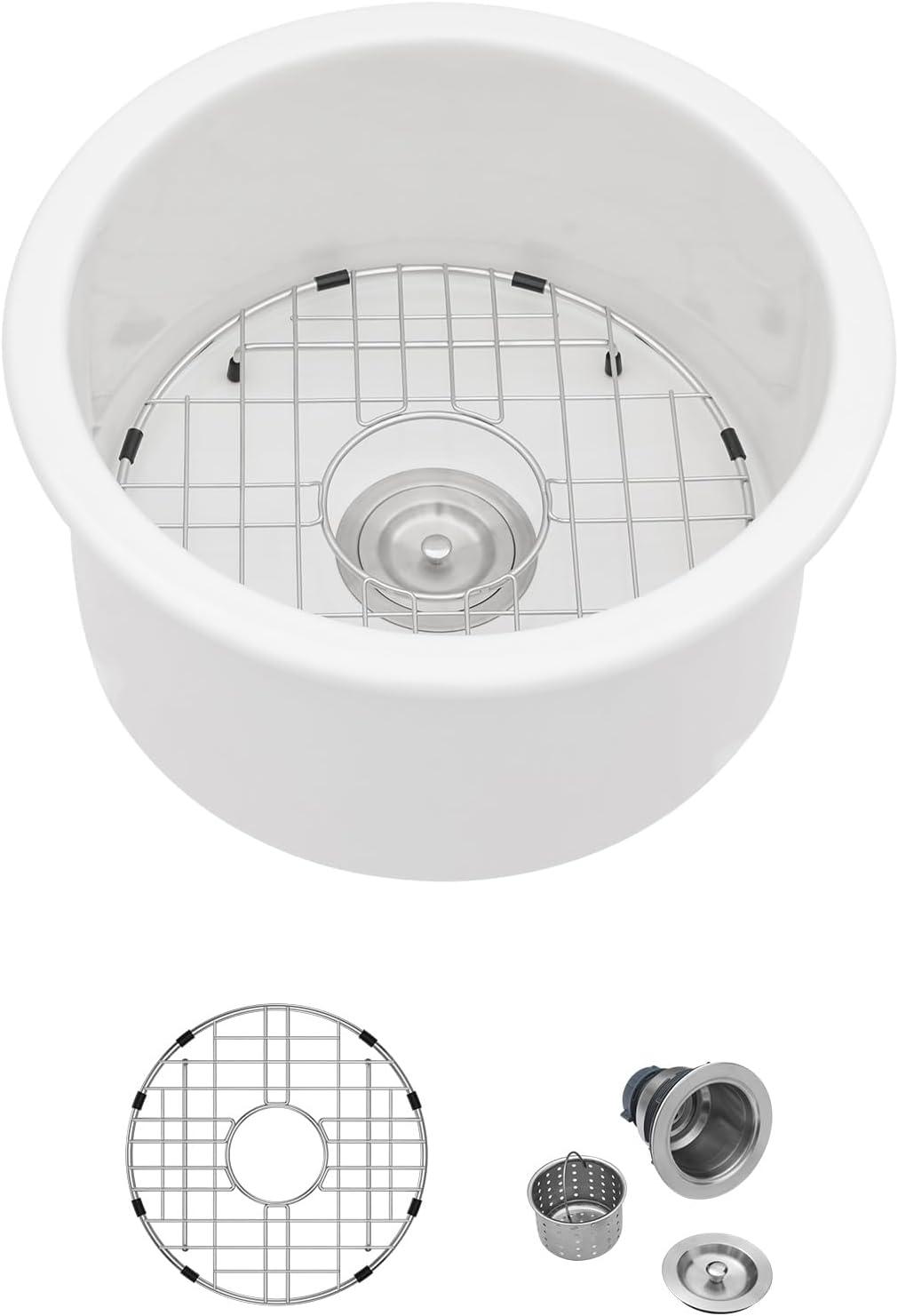 White Undermount Kitchen Sink 18"x18" Round White Undermount Sink Round Ceramic Fireclay Single Bowl Deep Bar Sink with Sink Grid and Basket Strainer.LOF-LWFS1818