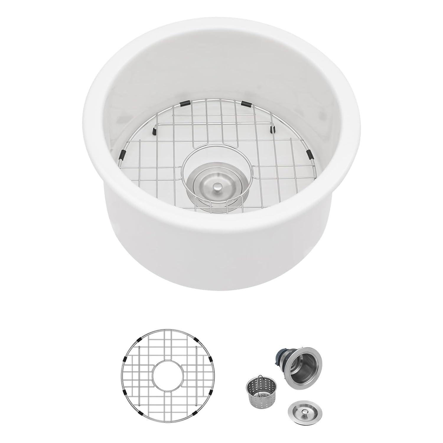 White Undermount Kitchen Sink 18"x18" Round White Undermount Sink Round Ceramic Fireclay Single Bowl Deep Bar Sink with Sink Grid and Basket Strainer.LOF-LWFS1818