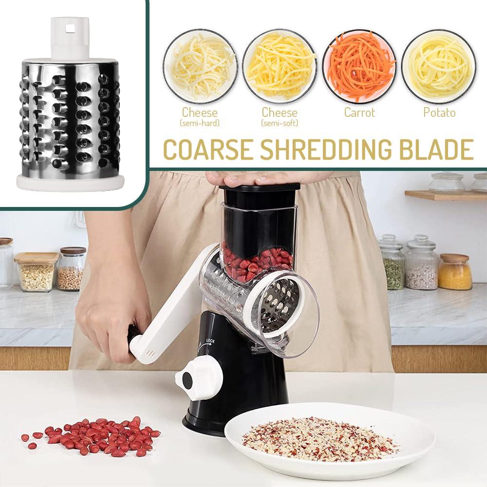 KEOUKE Rotary Cheese Grater with Handle - 3 Changeable Blades for Cheese, Vegetables, Nuts - Black