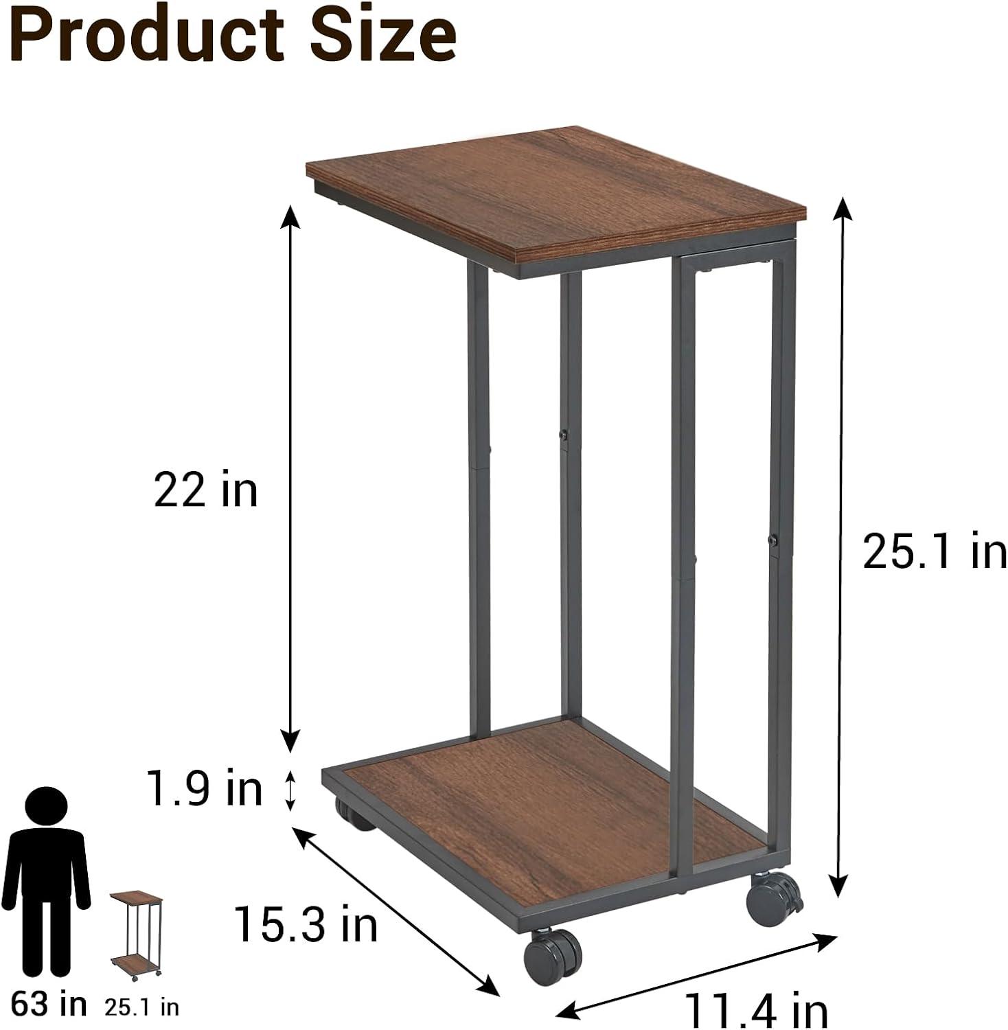 JJS Side End C Table for Sofa, Living Room Couch Table Snack Table That Slide Under for Small Spaces, Walnut/Black