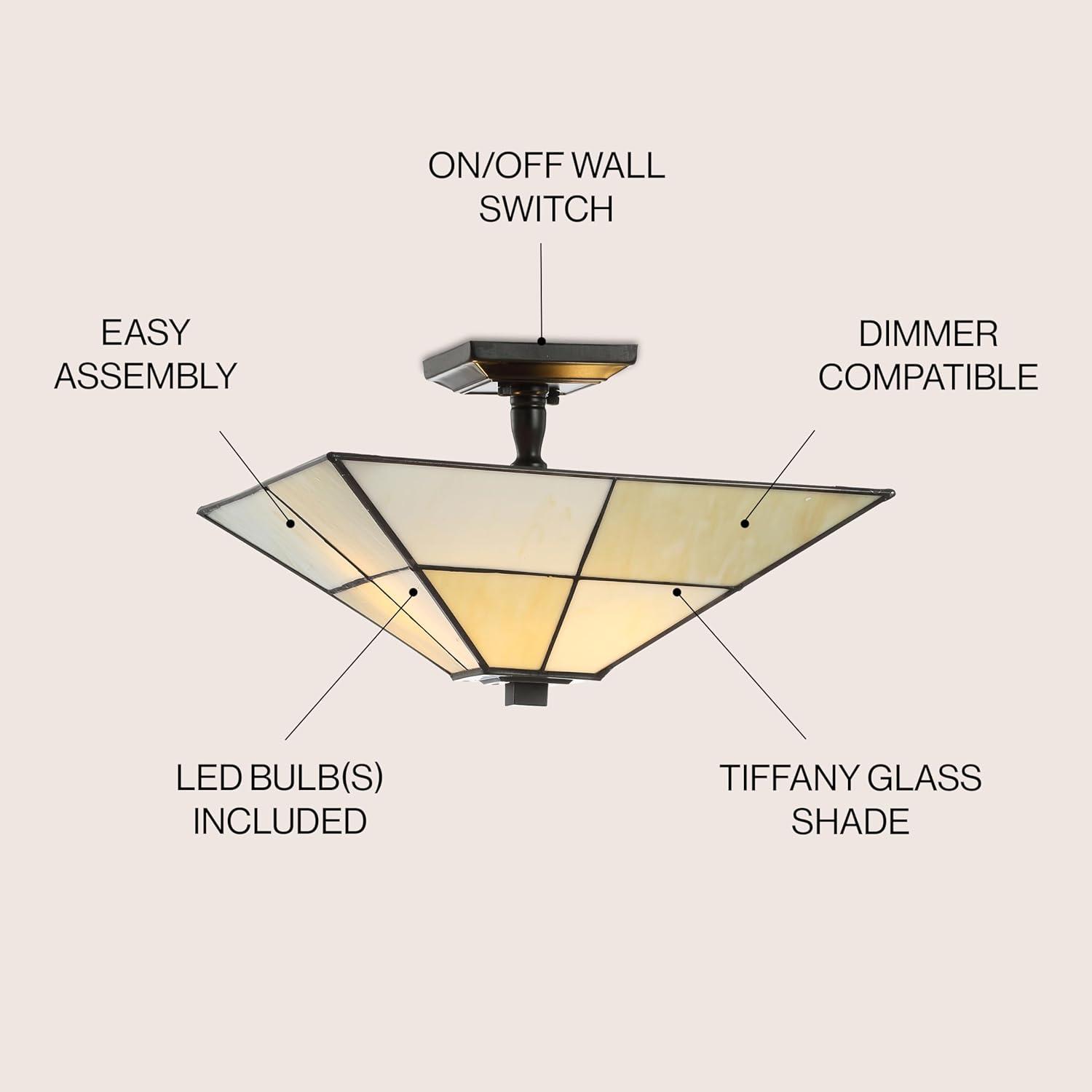 JONATHAN Y Juliana 15.7" Tiffany-Style Glass/Metal LED Semi-Flush Mount, White/Cream