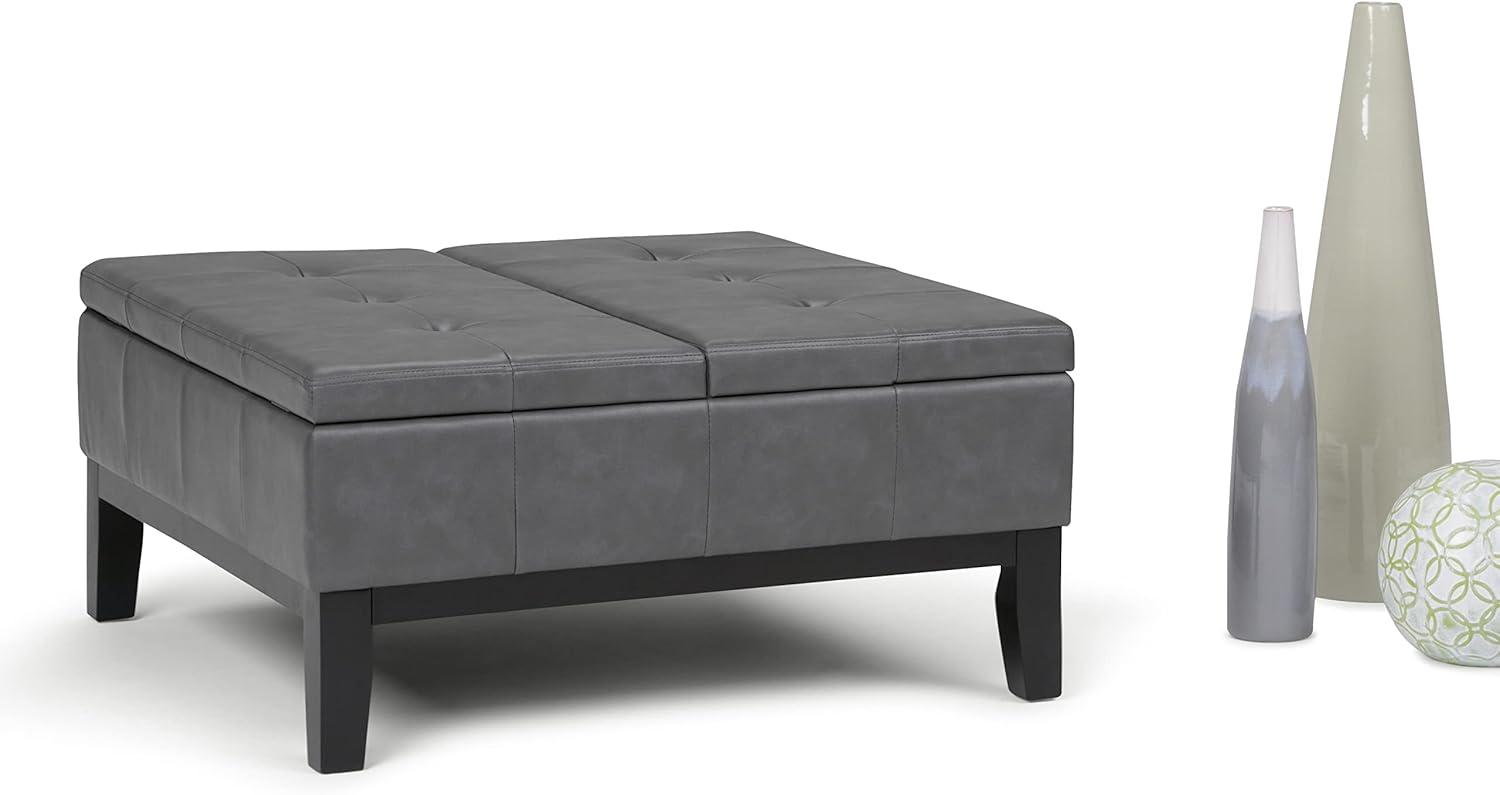 Simpli Home Dover 36"W Upholstered Square Coffee Table Storage Ottoman with Split Tufted Lift Top