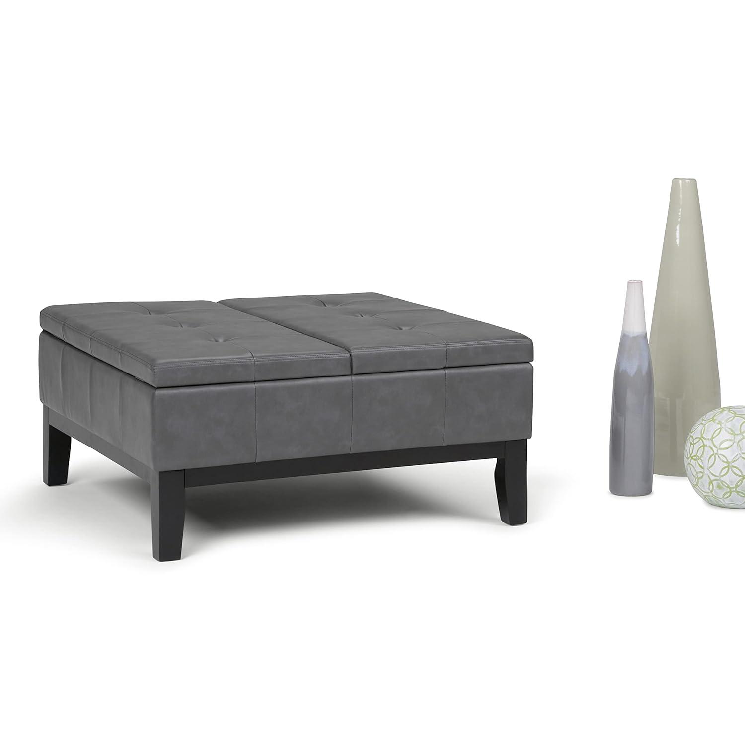 Simpli Home Dover 36"W Upholstered Square Coffee Table Storage Ottoman with Split Tufted Lift Top