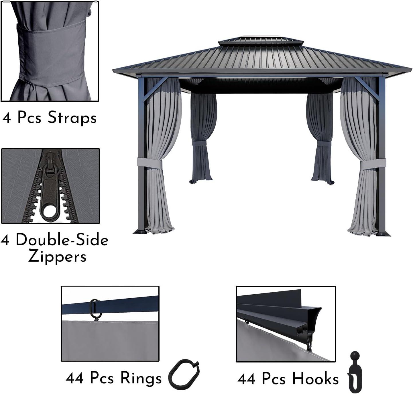 Aoodor Gazebo Curtain Replacement - Universal 4-Panel Sidewalls 10' x 13', Patio Privacy Curtains with Double Zipper, UV Resistant, Perfect for Outdoor Canopy, Garden, and Backyard (Curtain Only) Grey