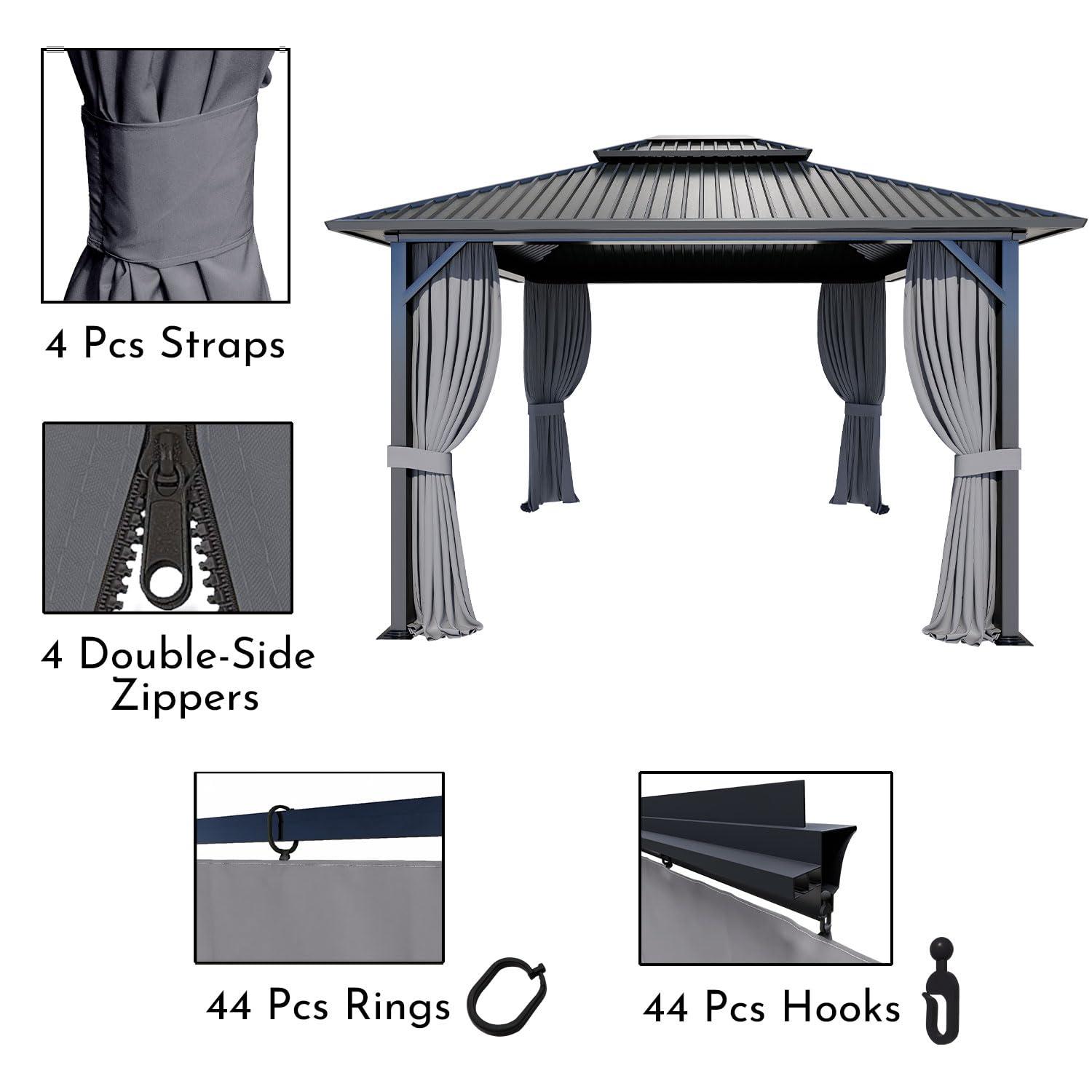 Aoodor Gazebo Curtain Replacement - Universal 4-Panel Sidewalls 10' x 13', Patio Privacy Curtains with Double Zipper, UV Resistant, Perfect for Outdoor Canopy, Garden, and Backyard (Curtain Only) Grey