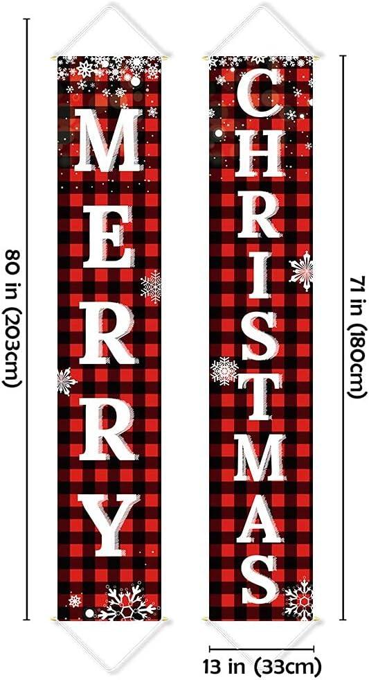 Christmas Decorations Outdoor Yard Front Porch Sign Set, Red Black Buffalo Plaid Door Banner, Hanging Merry Christmas Decorations for Home, Indoor Outdoor Xmas Decor Wall Front Door Yard Garage