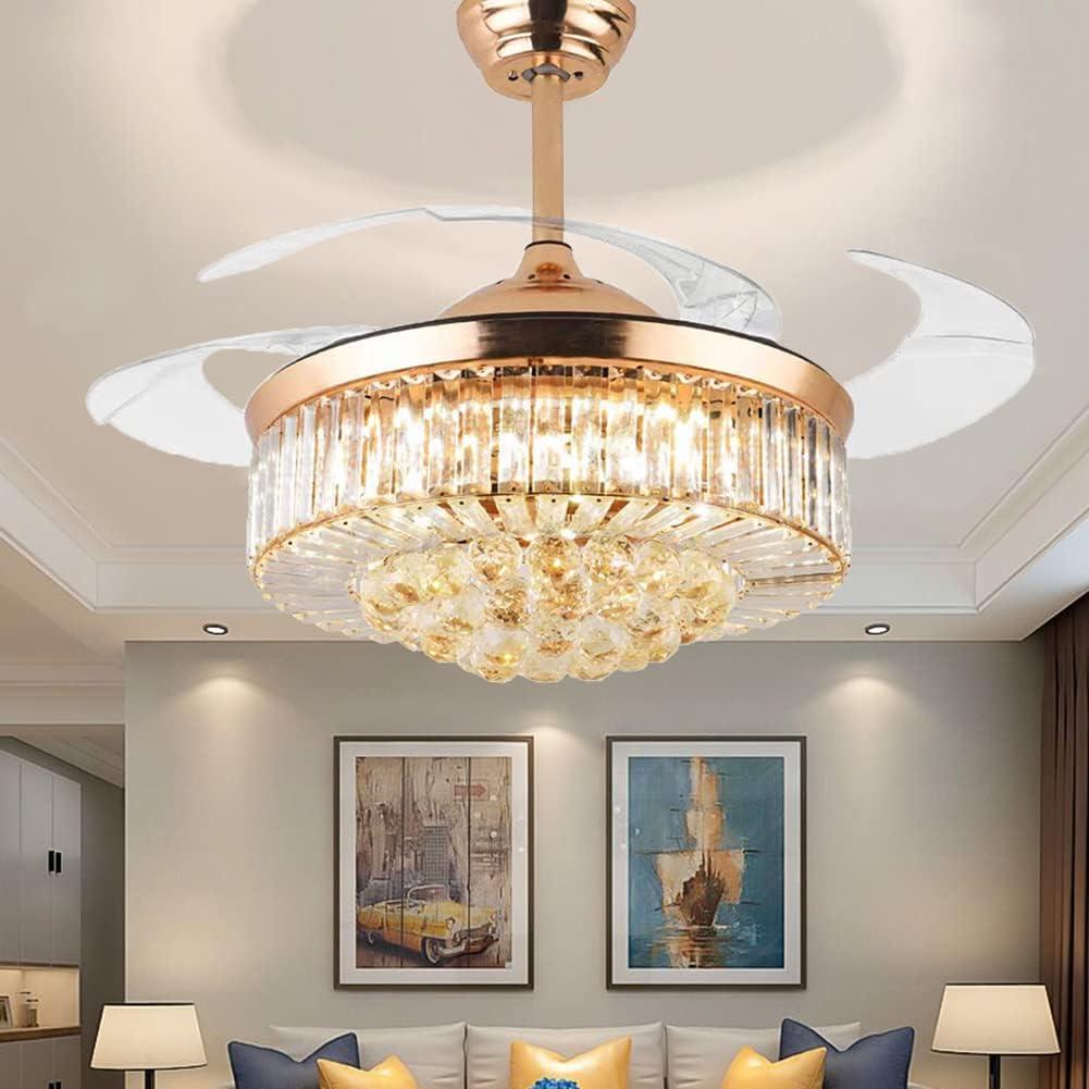 HOOMEDELIER 42" Chandelier Ceiling Fan with Remote, Crystal Beads Framed Fan with 4 Retractable Blades Smart Indoor Fandelier Fan