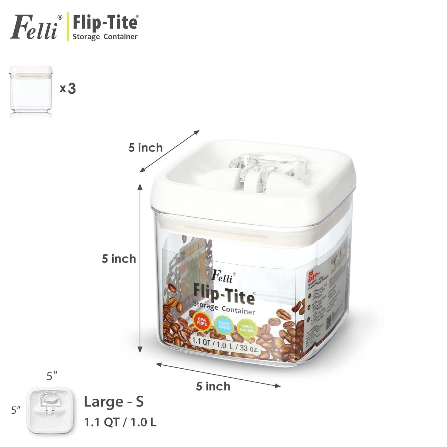 Felli Flip Tite Food Storage Container 5" LARGE Size Airtight Lid Lock Top, Stackable Kitchen Canister for Space Saving, Pantry Fridge Cupboard Organizer, Spice Seasoning Pet Treats Snack (1.1 qt)