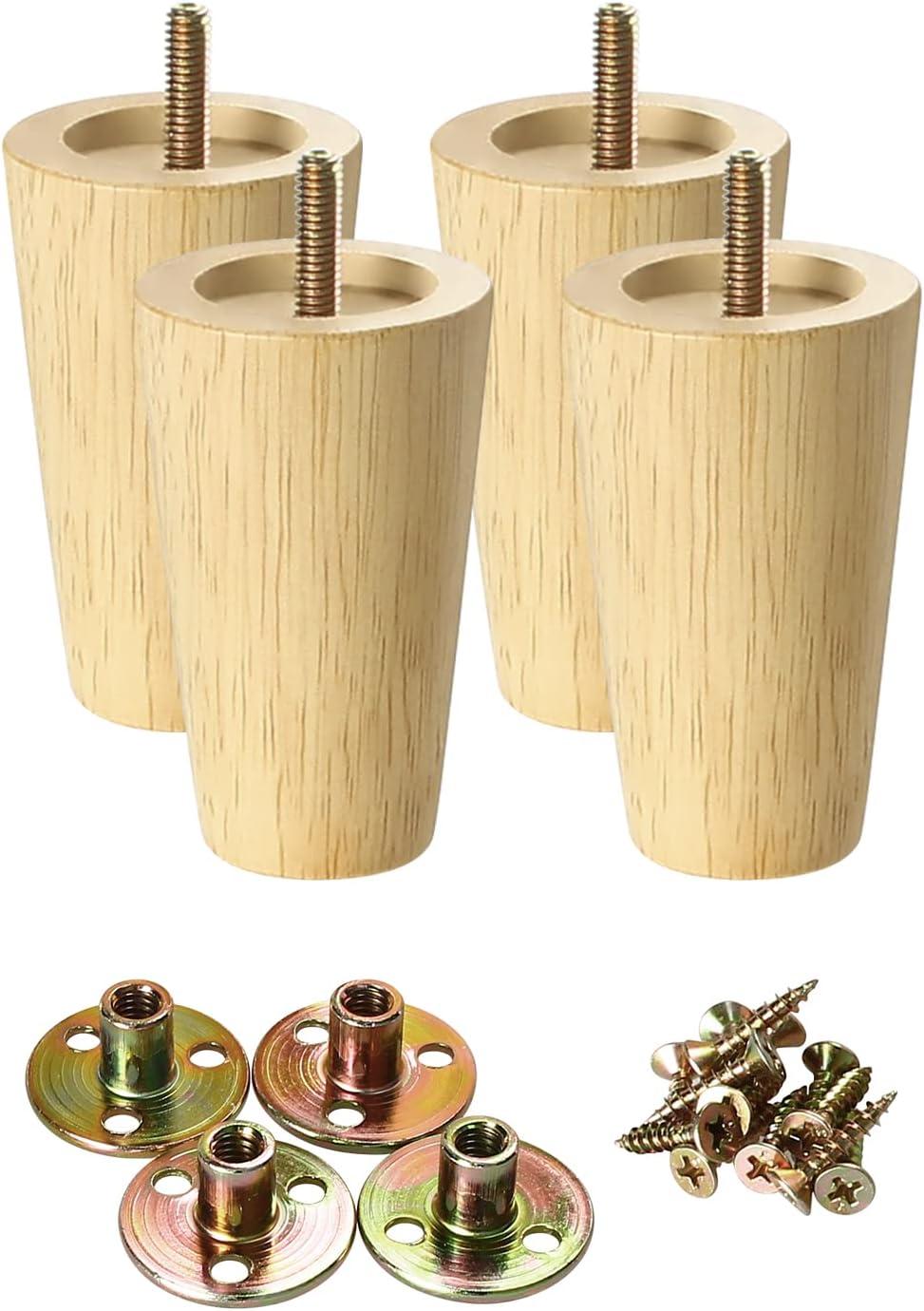 GOSCHE 4 Inch Round Solid Wood Furniture Feet, Wooden Sofa Legs Set of 4, Chair Legs, Replacement Couch Legs for Armchair, Cabinet, Mid Century Modern Dresser Or Home DIY Projects Bun Feet