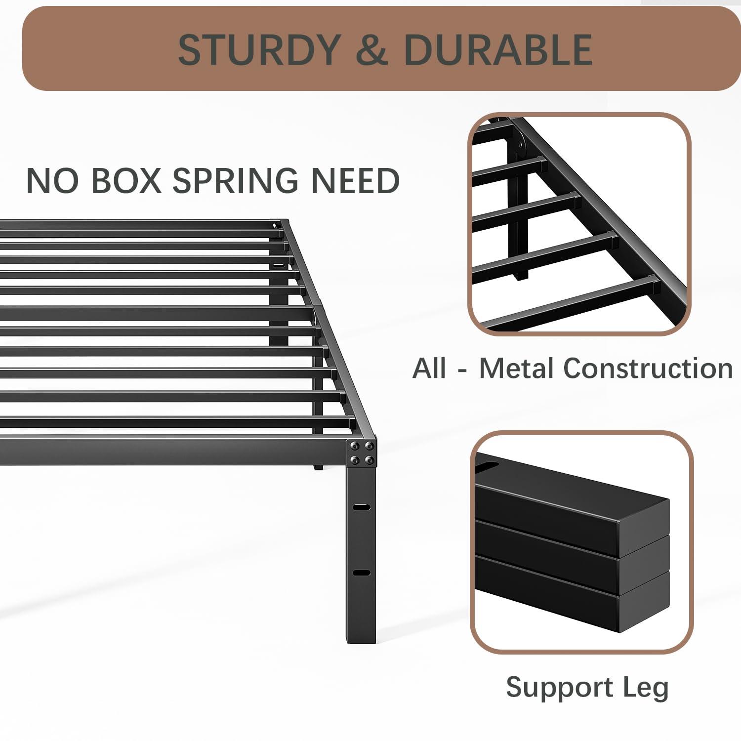 Twin Metal Bed Frame - 16 Inch Tall, No Box Spring Needed, Heavy Duty Platform With Storage Space, Sturdy Non-Slip Noiseless