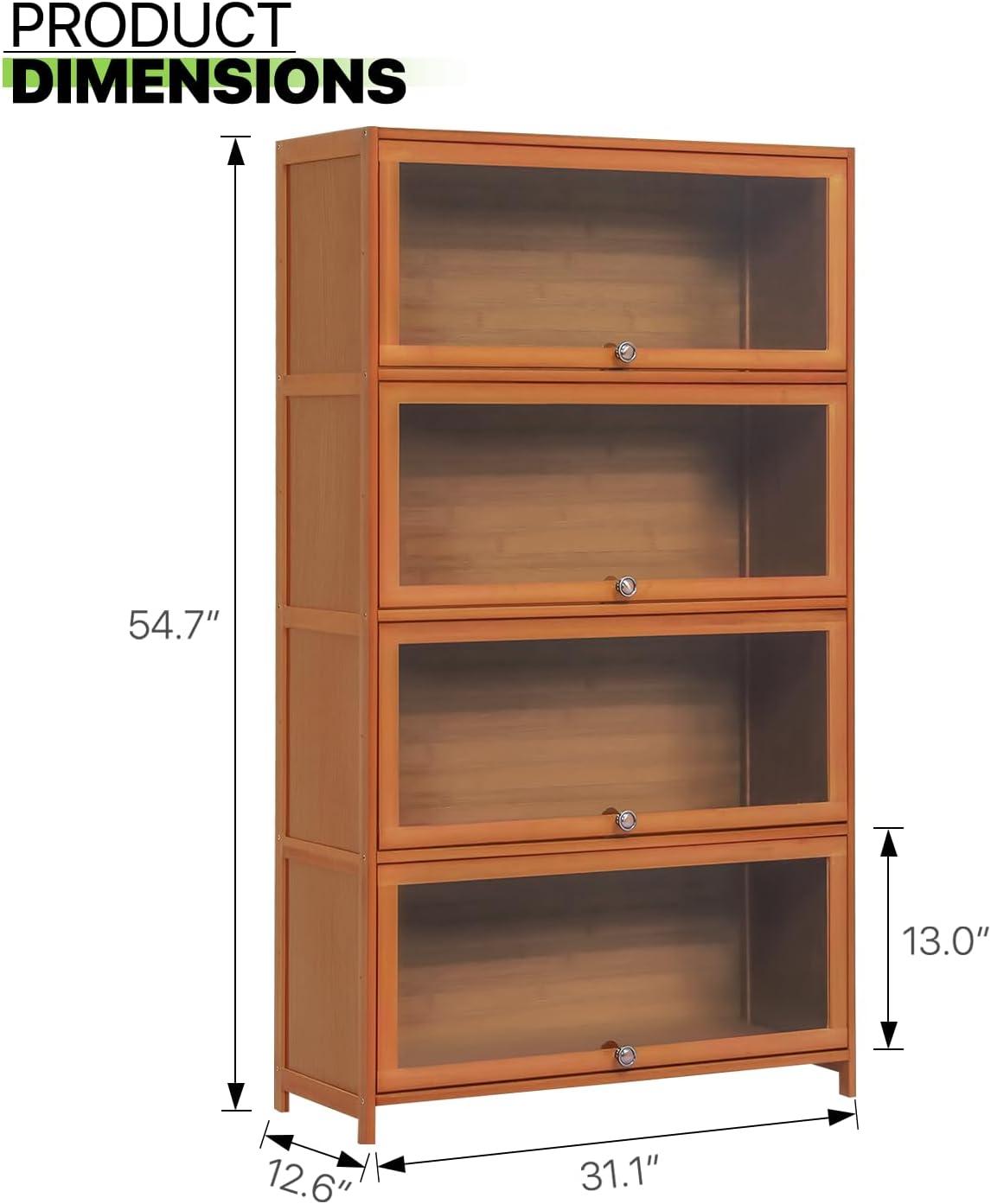 Magshion Bamboo/Acrylic 3 Shelves Bookshelf, with Transparent Door Bookcase, Brown, for Home