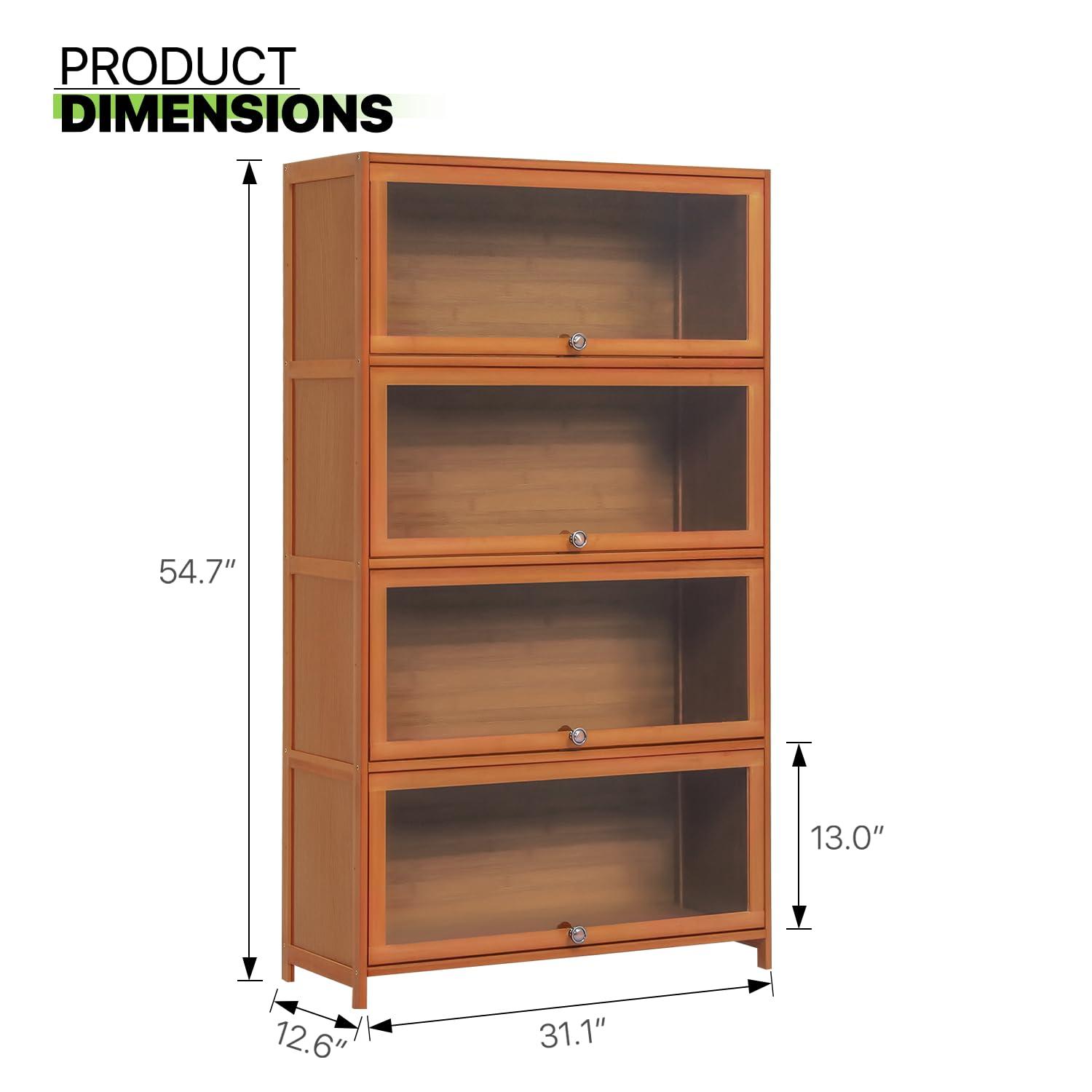 Magshion Bamboo/Acrylic 3 Shelves Bookshelf, with Transparent Door Bookcase, Brown, for Home