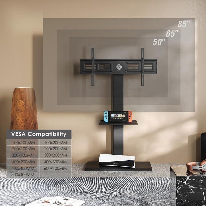 FITUEYES Floor TV Stand Iron Base with Swivel Mount for 50-85 Inch Large LCD/LED TVs Adjustable Shelf Tall Corner TV Stands for Bedroom and Living Room Hold Up to 110 lbs Black