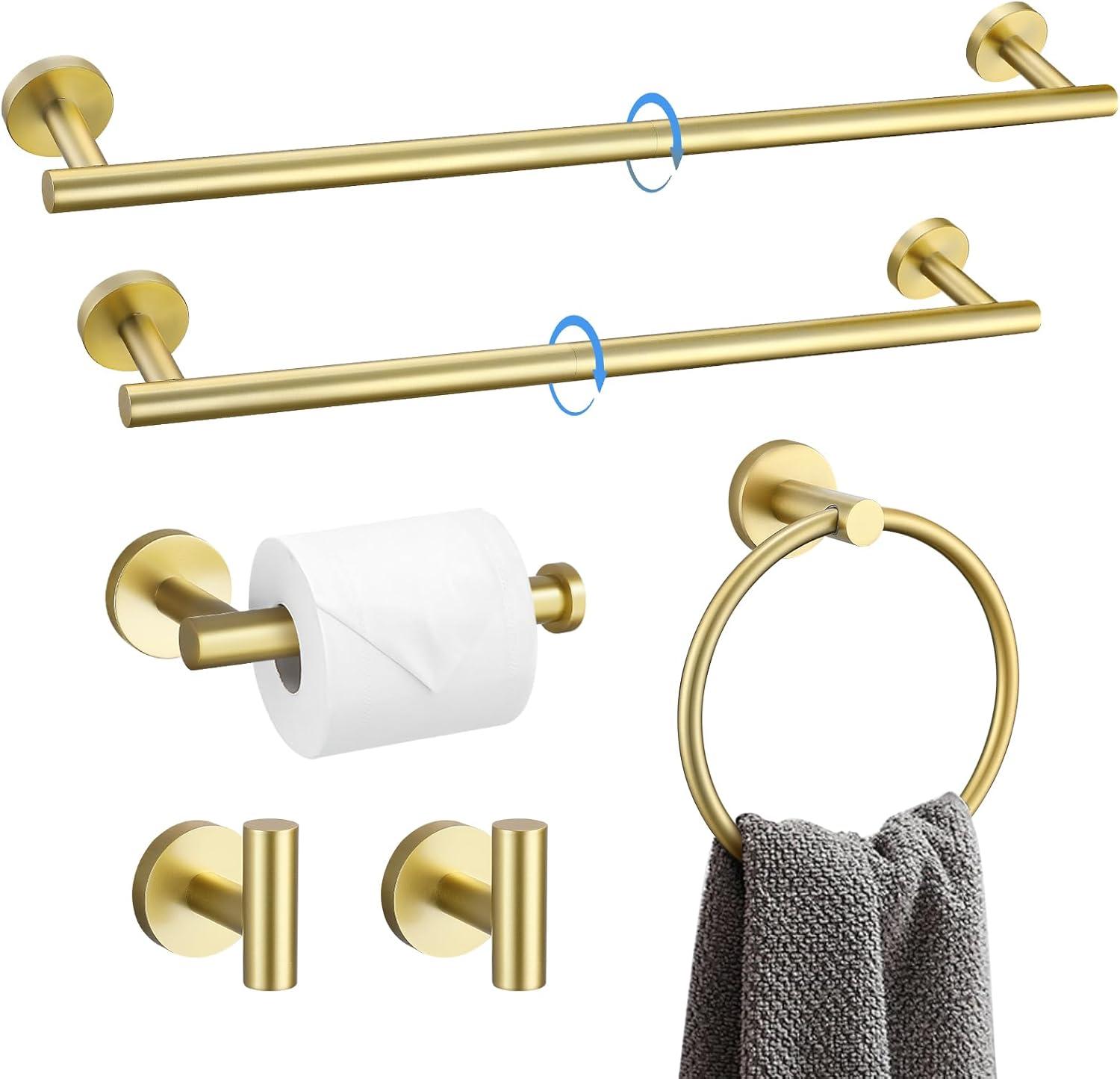 Bathroom Towel Holder Set, 6 Pieces Brushed Gold Towel Bar Bathroom Hardware Accessories Set, SUS304 Stainless Steel Towel Rack Towel Ring Toilet Paper Holder Set Wall Mounted