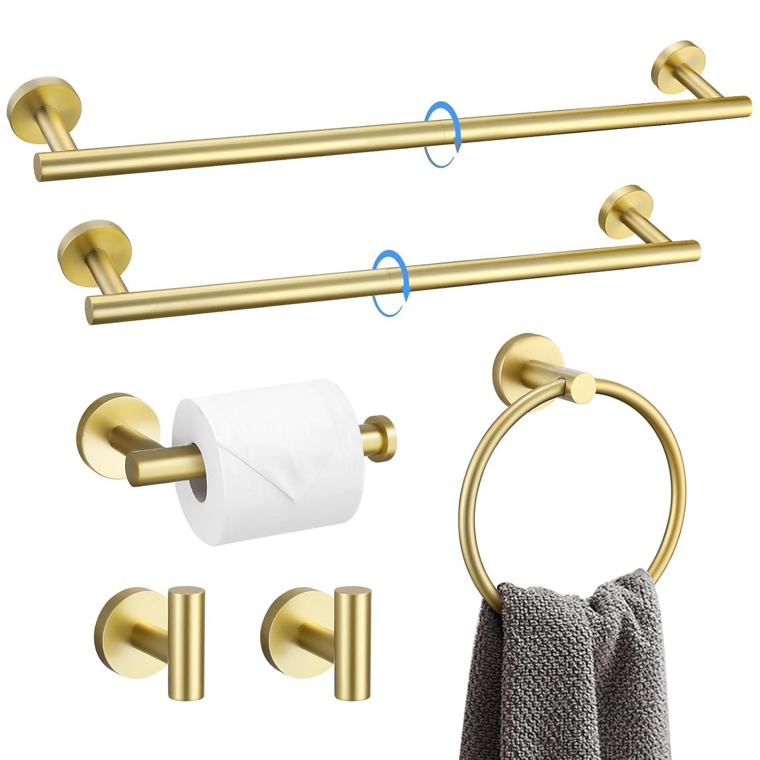 Bathroom Towel Holder Set, 6 Pieces Brushed Gold Towel Bar Bathroom Hardware Accessories Set, SUS304 Stainless Steel Towel Rack Towel Ring Toilet Paper Holder Set Wall Mounted