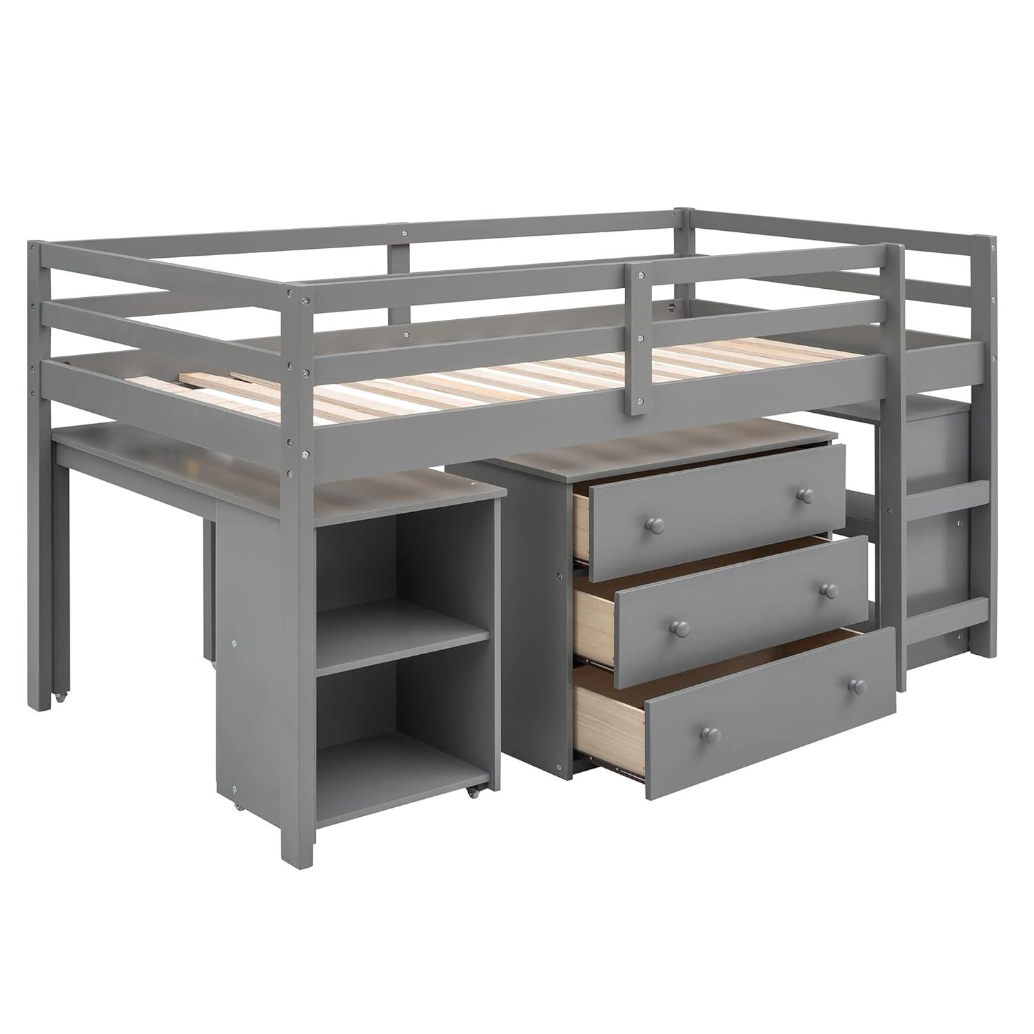 Harper & Bright Designs Twin Loft Bed with Cabinet and Rolling Portable Desk, Wooden Low Study Loft Bed with Drawers, Gray