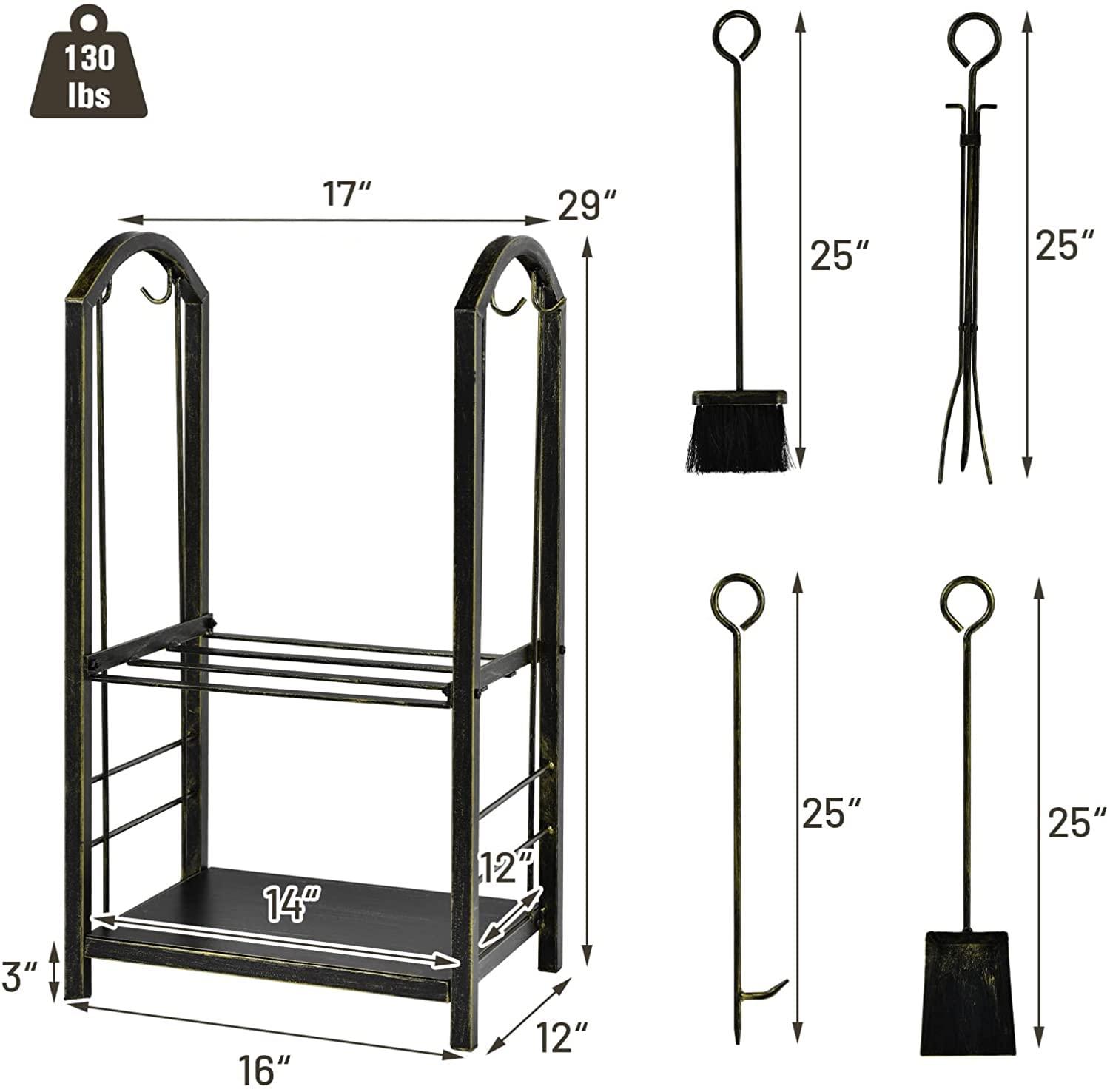Kadyn Fire Wood Storage Racks, Firewood Holder,Firewood Frame,Firewood Shelf,Fireplace Log Rack with 4 Pieces Fireplace Tools-Bronze