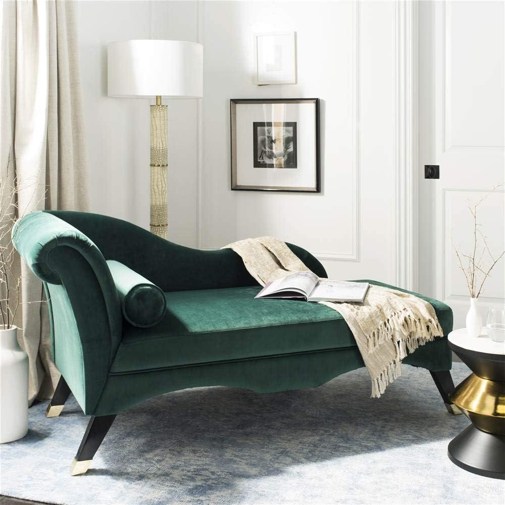 SAFAVIEH Caiden Retro Chic Velvet Chaise with Pillow, Emerald/Espresso