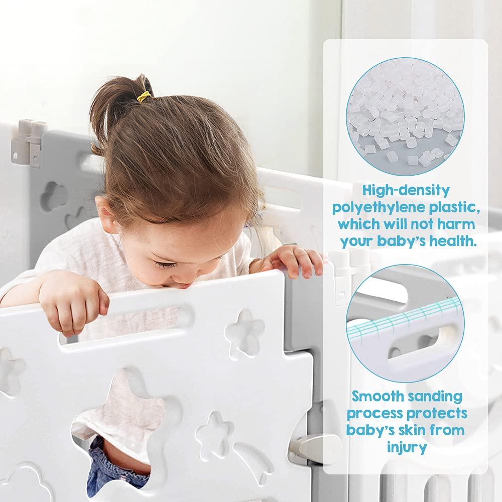 Baby Playpen, Dripex Foldable Playpen for Babies and Toddlers, Custom Shape Baby Fence, Safety Play Yard with Gate, Portable Play Area for Indoor or Outdoor, Grey White, 18 Panel