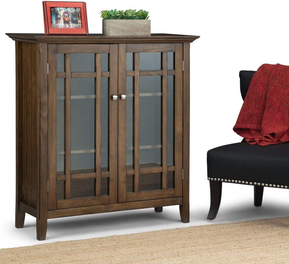 Simpli Home Bedford 39"W Solid Wood 4-Shelf Medium Storage Cabinet with Glass Doors and Adjustable Shelves