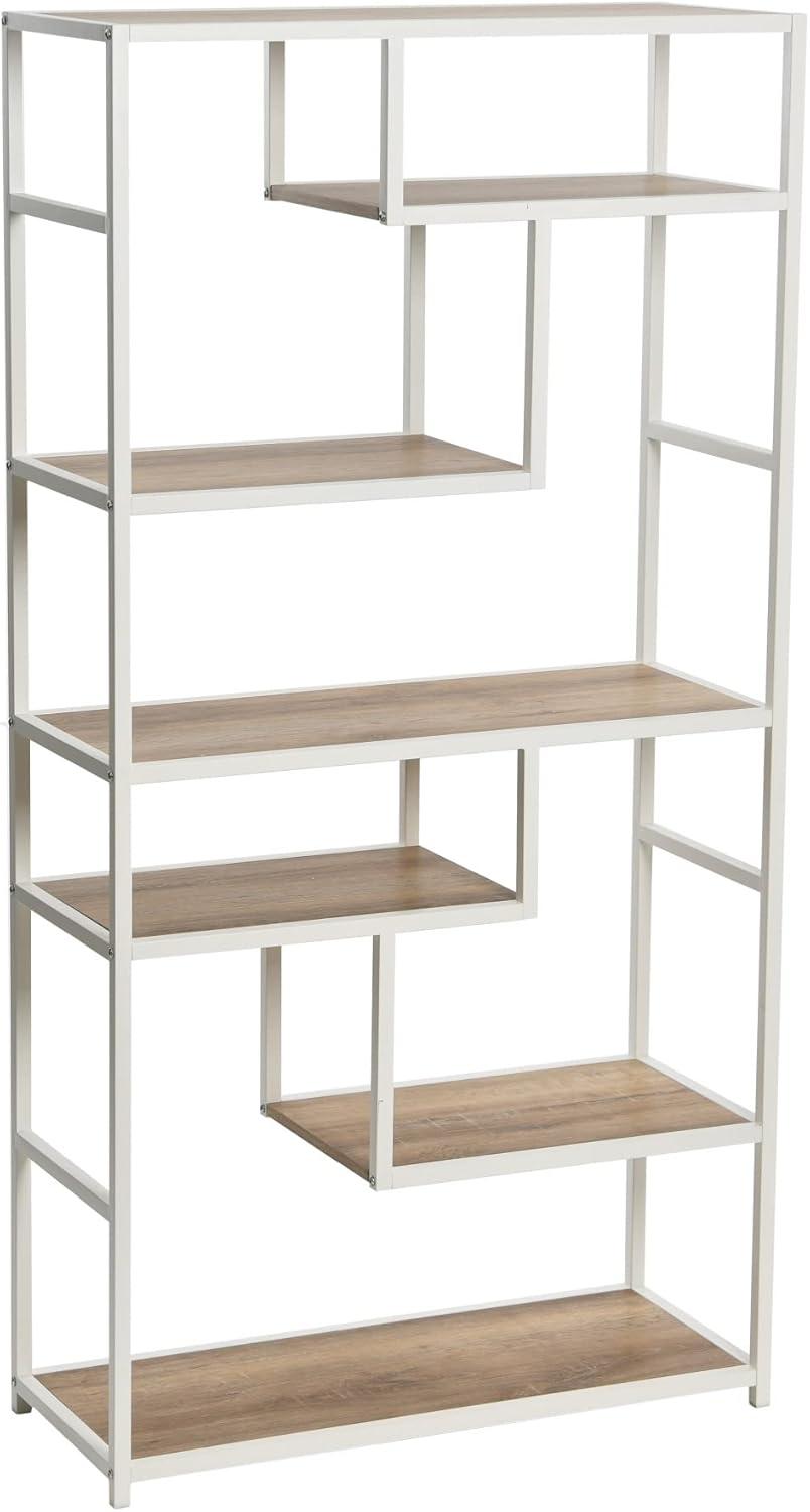 Household Essentials Jamestown Tall 6 Shelf Open Storage Bookshelf Coastal Oak Rustic Wood Grain and White Metal
