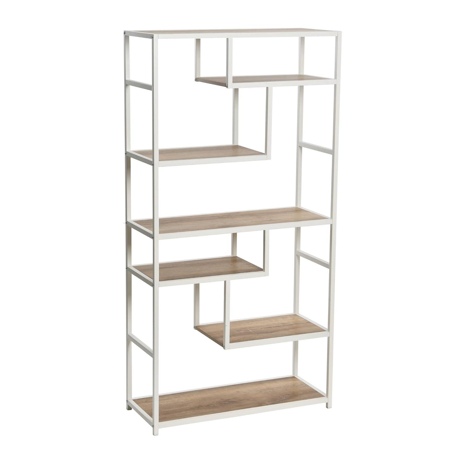 Household Essentials Jamestown Tall 6 Shelf Open Storage Bookshelf Coastal Oak Rustic Wood Grain and White Metal