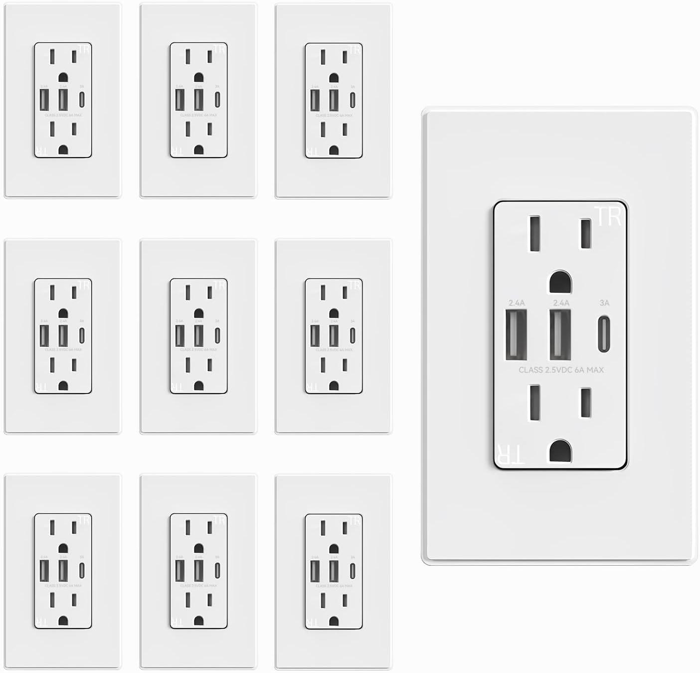 Matte White Tamper-Resistant USB Wall Outlet with Screwless Plate