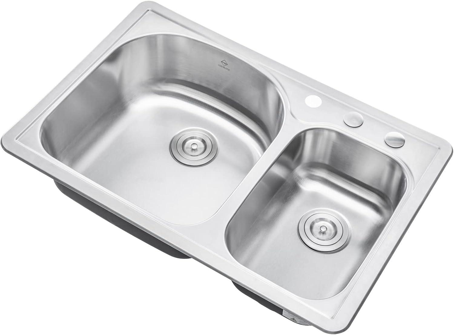 33'' Brushed Stainless Steel Double Bowl Kitchen Sink with Strainer