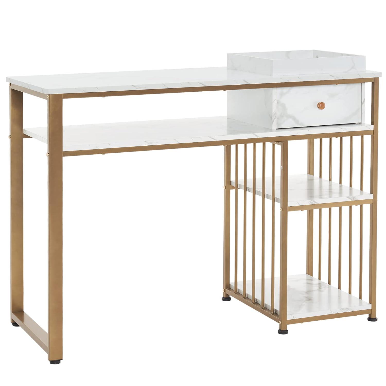 BarberPub Makeup Vanity Desk with Storage, Manicure Table with Metal Frame, Faux Marble Top