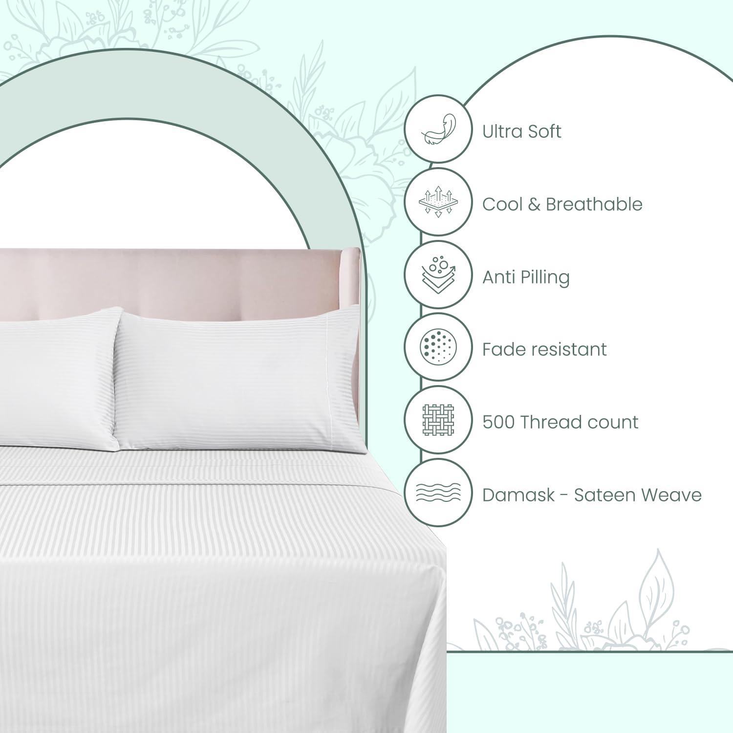 Feather & Stitch 500 TC Queen Size Damask Bed Sheet Set, 100% Cotton Soft Breathable Bedsheets, 4 Piece 18" Deep Pockets Sateen Weave Striped Bedding Mattress Resort Hotel Luxury- (Solid White, Queen)