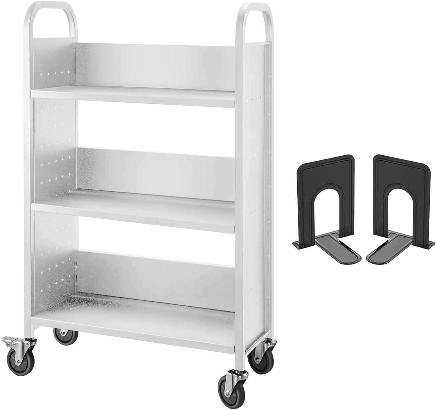 White Steel L-Shaped Rolling Book Cart with Lockable Wheels