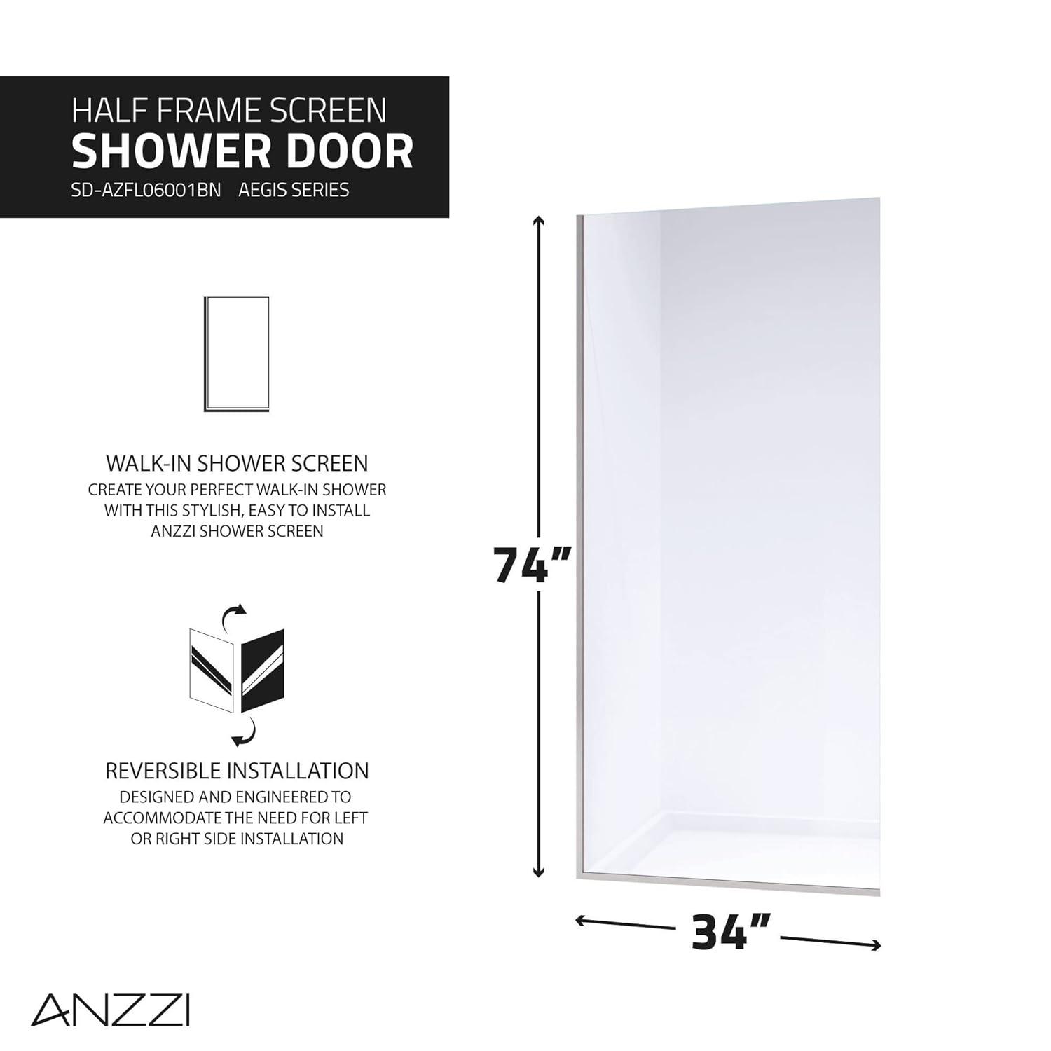Veil Series 34” W x 74” H Frameless Glass Fixed Shower Screen Shower Door