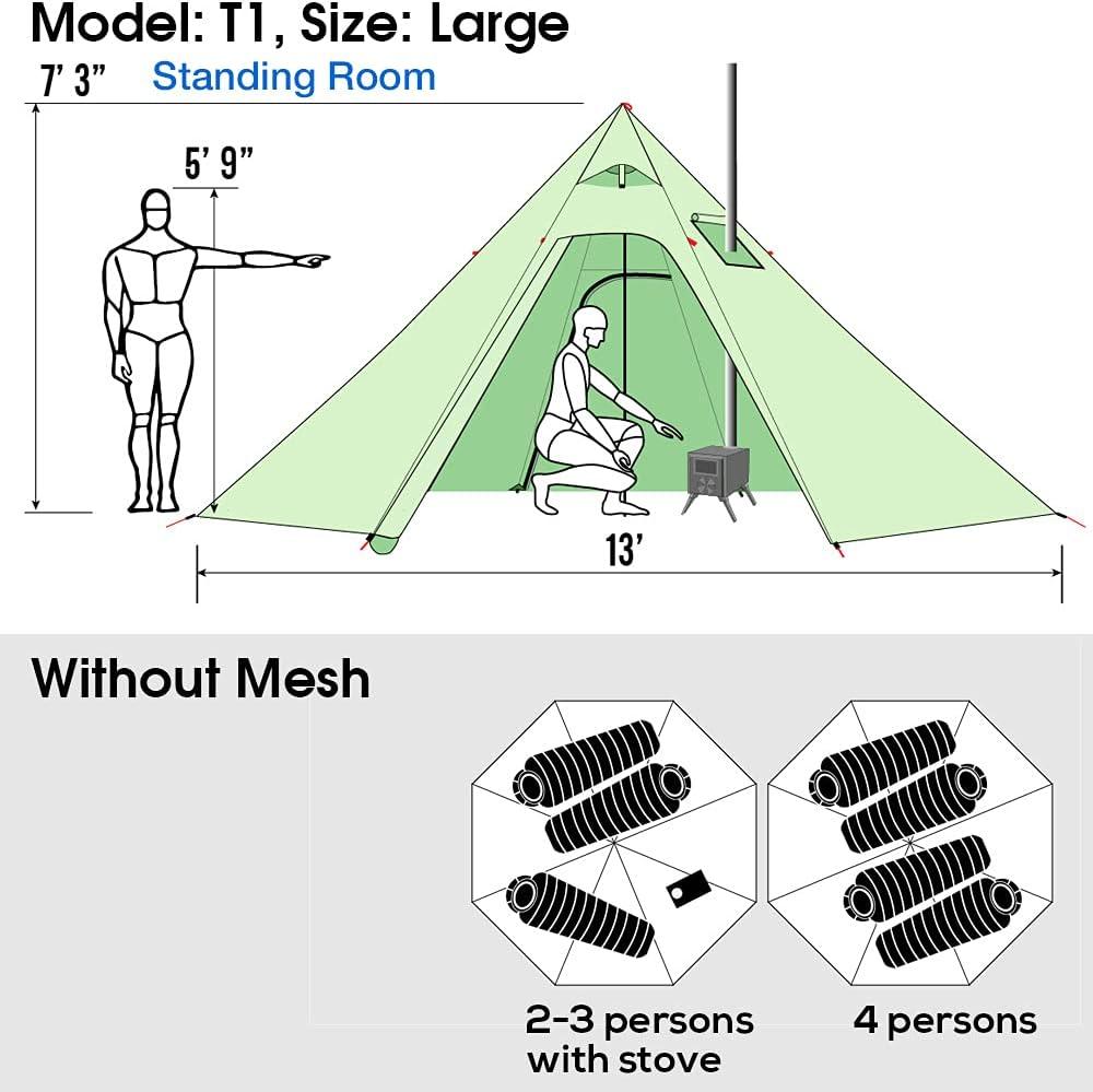 Ultralight Green 4-Person Four-Season Tipi Tent with Stove Jack