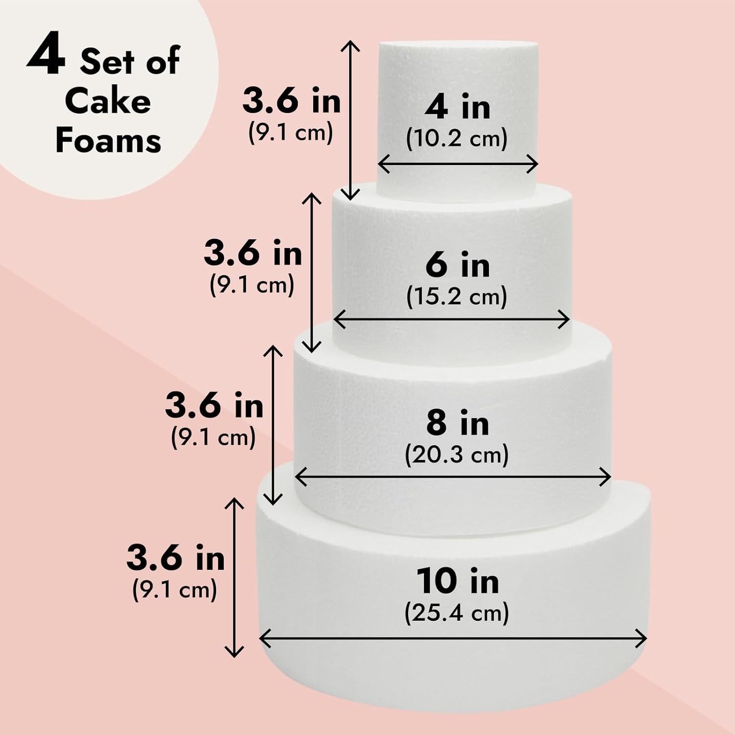 4 Tier Round Foam Cake Dummy Set, 4" 6" 8" 10" Fake Wedding Cake Dummies for Display, Decorating, 14.4" Tall Dummies (White)
