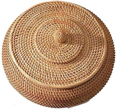 Round Rattan Boxes with Lid Hand-Woven Multi-Purpose Wicker Tray 8.6Inch Picnic Food Bread Table Storage Basket (22x13cm)