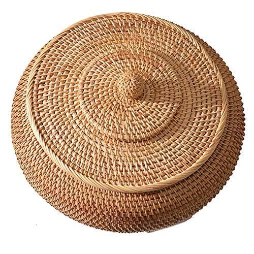Round Rattan Boxes with Lid Hand-Woven Multi-Purpose Wicker Tray 8.6Inch Picnic Food Bread Table Storage Basket (22x13cm)