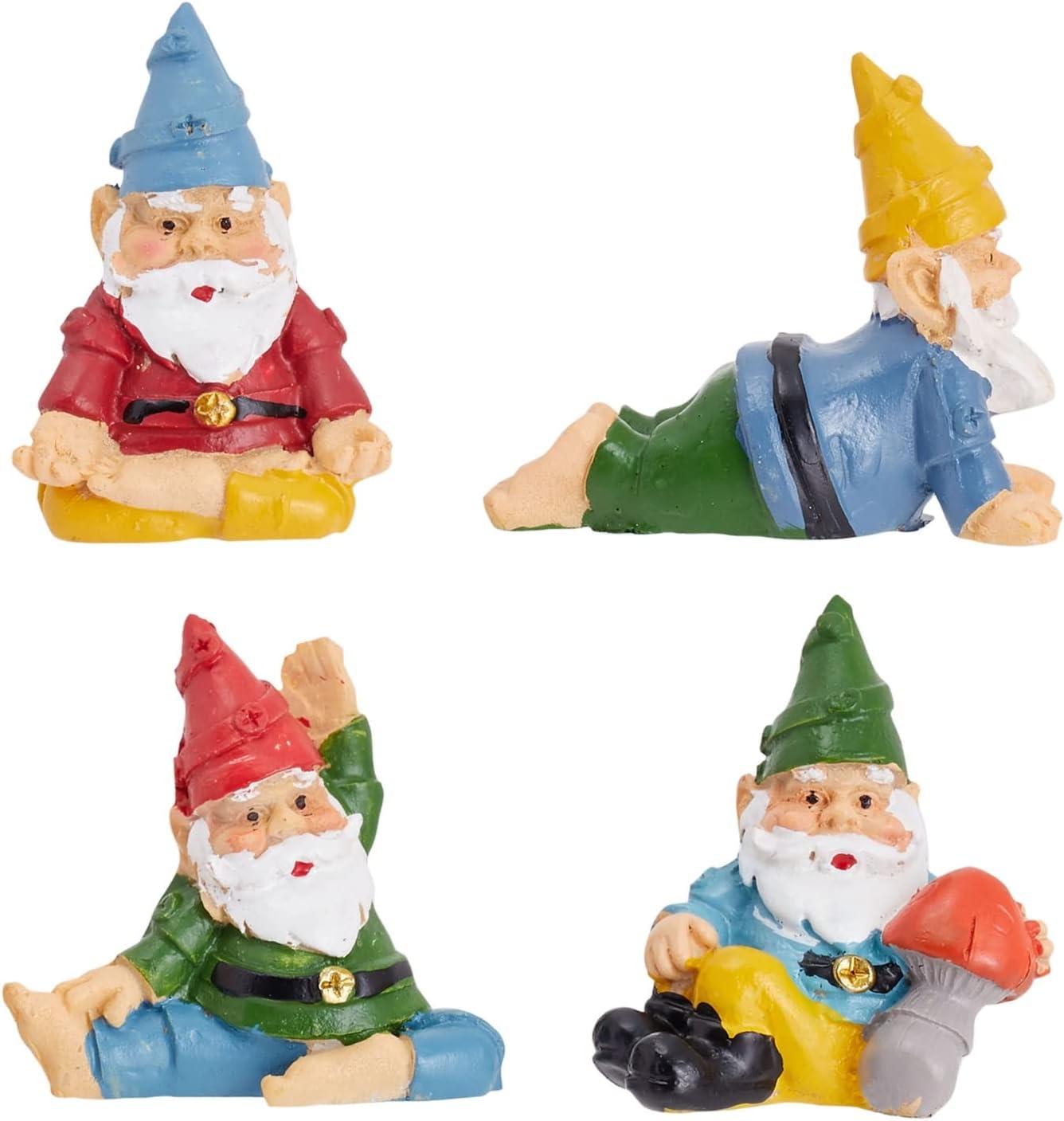 Juvale 4 Pieces Mini Garden Gnomes, Outdoor Fairy Miniature Statue Accessories Set, Decorations in Funny Poses, Yard Ornaments for Yoga Gifts, Planter